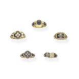 FIVE GOLD, ENAMEL AND GEM-SET MEMORIAL RINGS, (5)