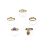 FIVE ETERNAL KNOT GOLD AND GEM-SET RINGS, (5)