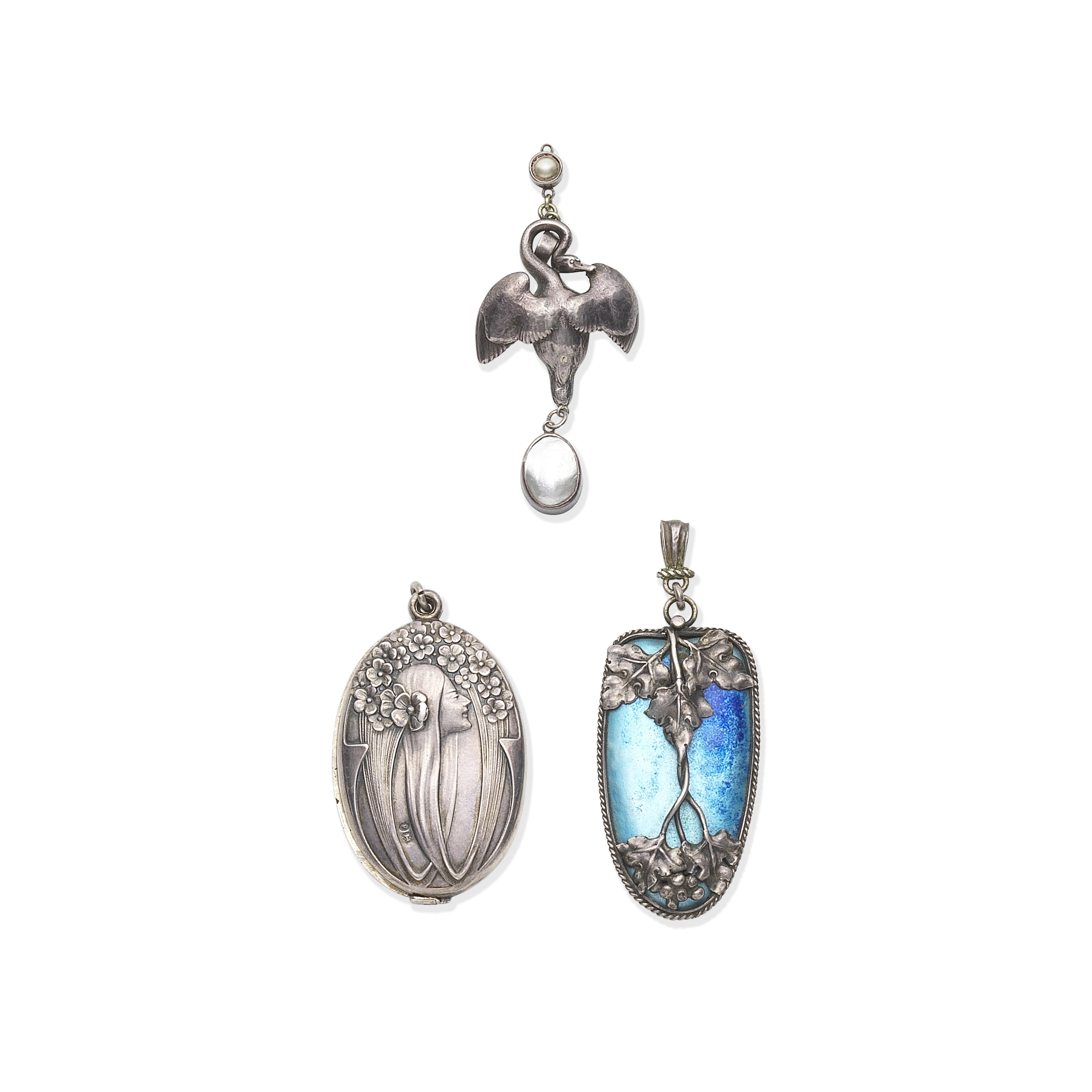 THREE SILVER ART NOUVEAU PENDANTS (3)