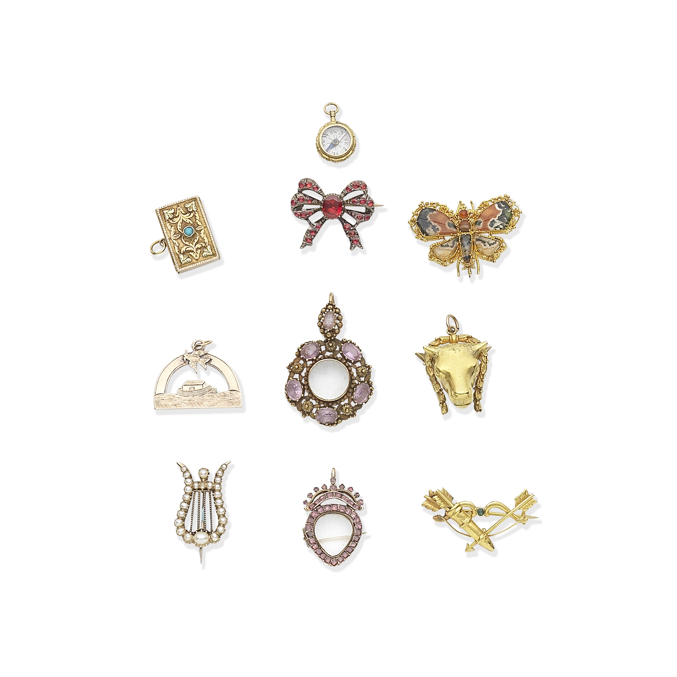 COLLECTION OF BROOCHES, PENDANTS AND CHARMS, (10)