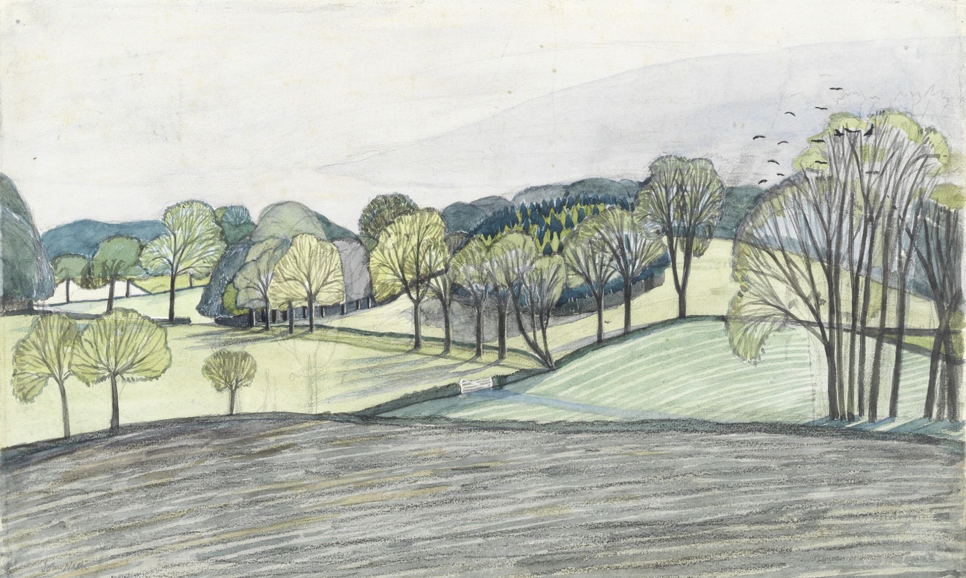 John Northcote Nash R.A. (British, 1893-1977) Spring Landscape, Iver Heath (Executed circa 1914)