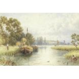 Myles Birket Foster, RWS (British 1825-1899) River scene with people loading hay barges and colle...