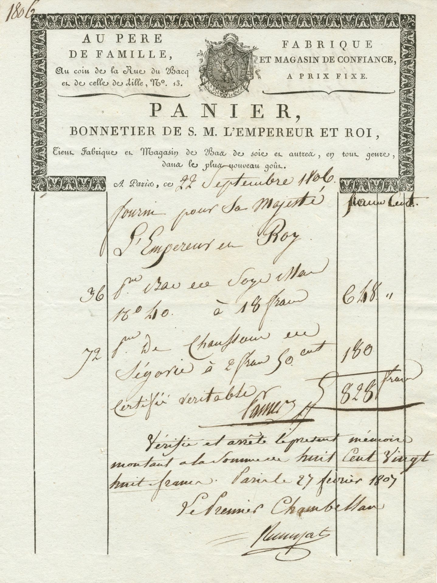 BILL FOR NAPOLEON'S STOCKINGS 'Panier, Bonnetier de S. M. L'Empereur et Roi', Paris, 1806-1807