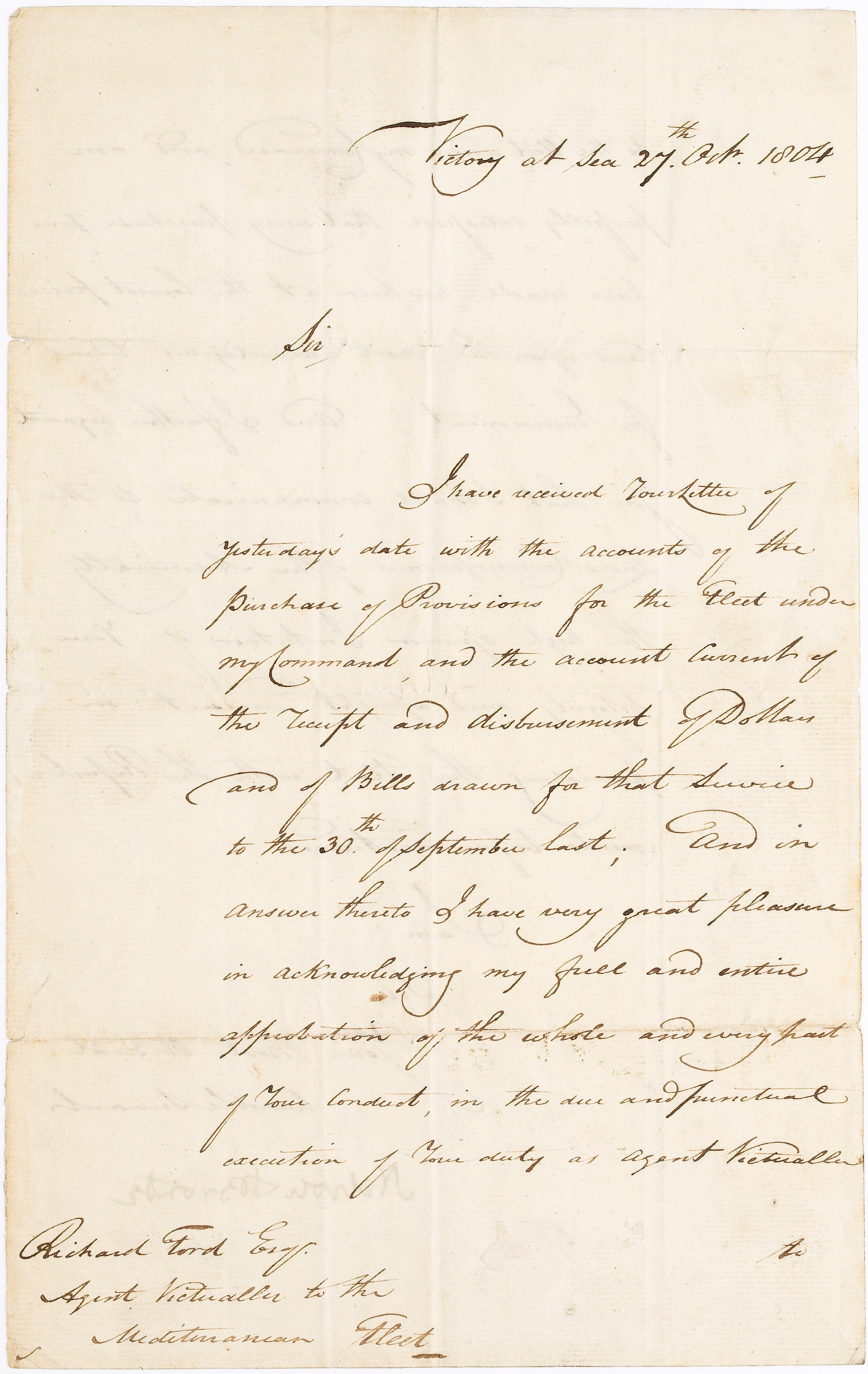 NELSON (HORATIO) Letter signed ('Nelson & Bronte') to Richard Ford, Agent Victualler of the Medi...