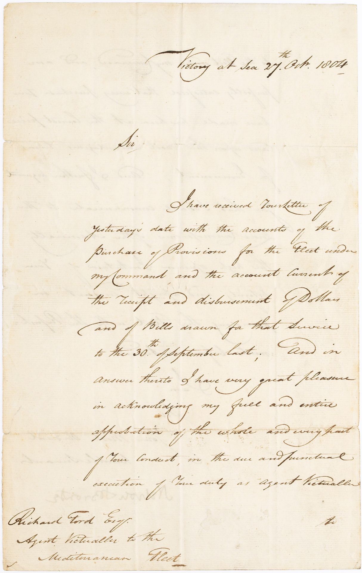 NELSON (HORATIO) Letter signed ('Nelson & Bronte') to Richard Ford, Agent Victualler of the Medi...