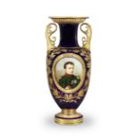 A S&#232;vres blue-ground vase 'carafe &#201;trusque' with the portrait of Napoleon I, dated 1852