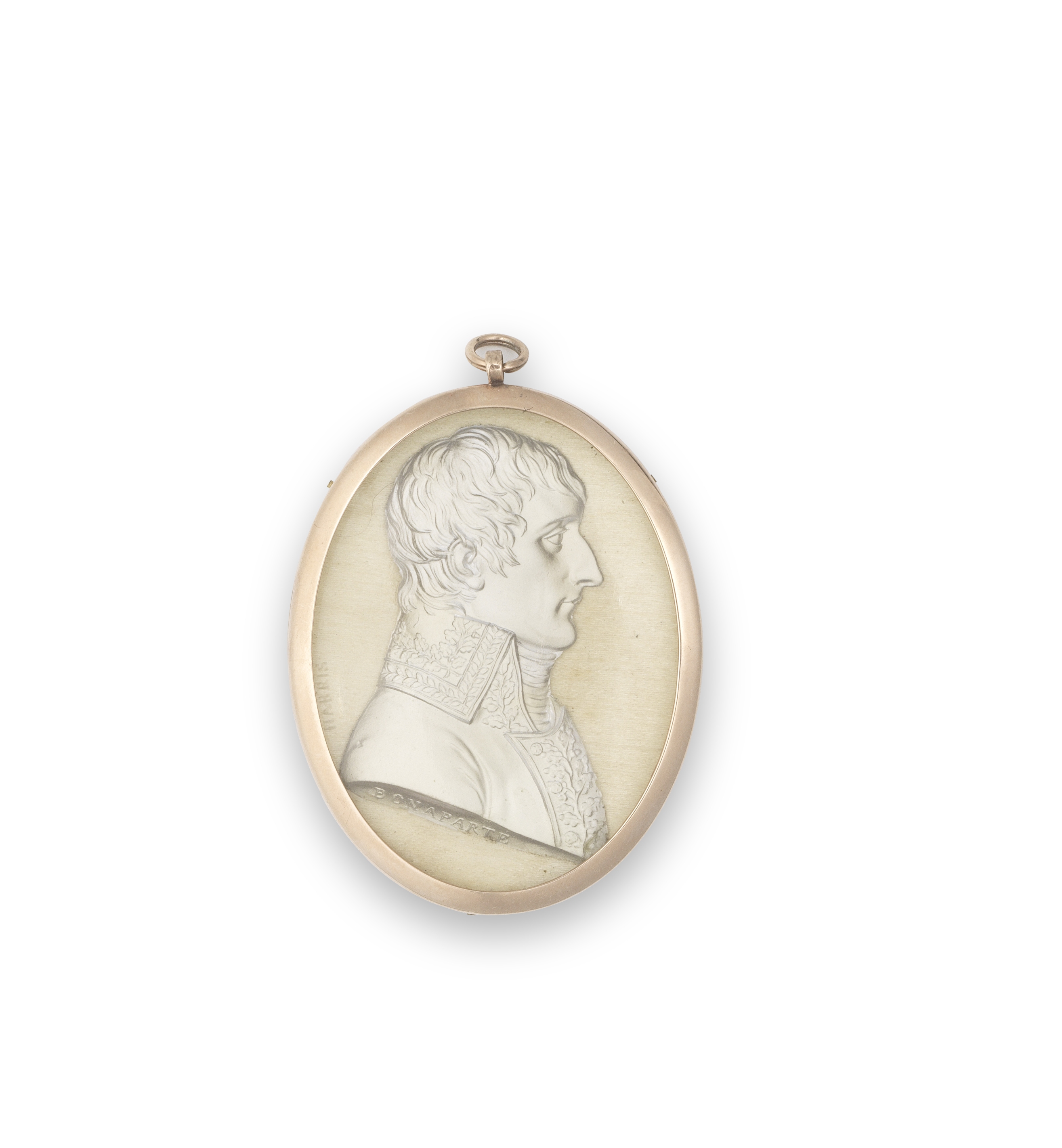 A small gold-mounted glass pendant with cristallo-ceramie portrait of Napoleon Bonaparte circa 18...