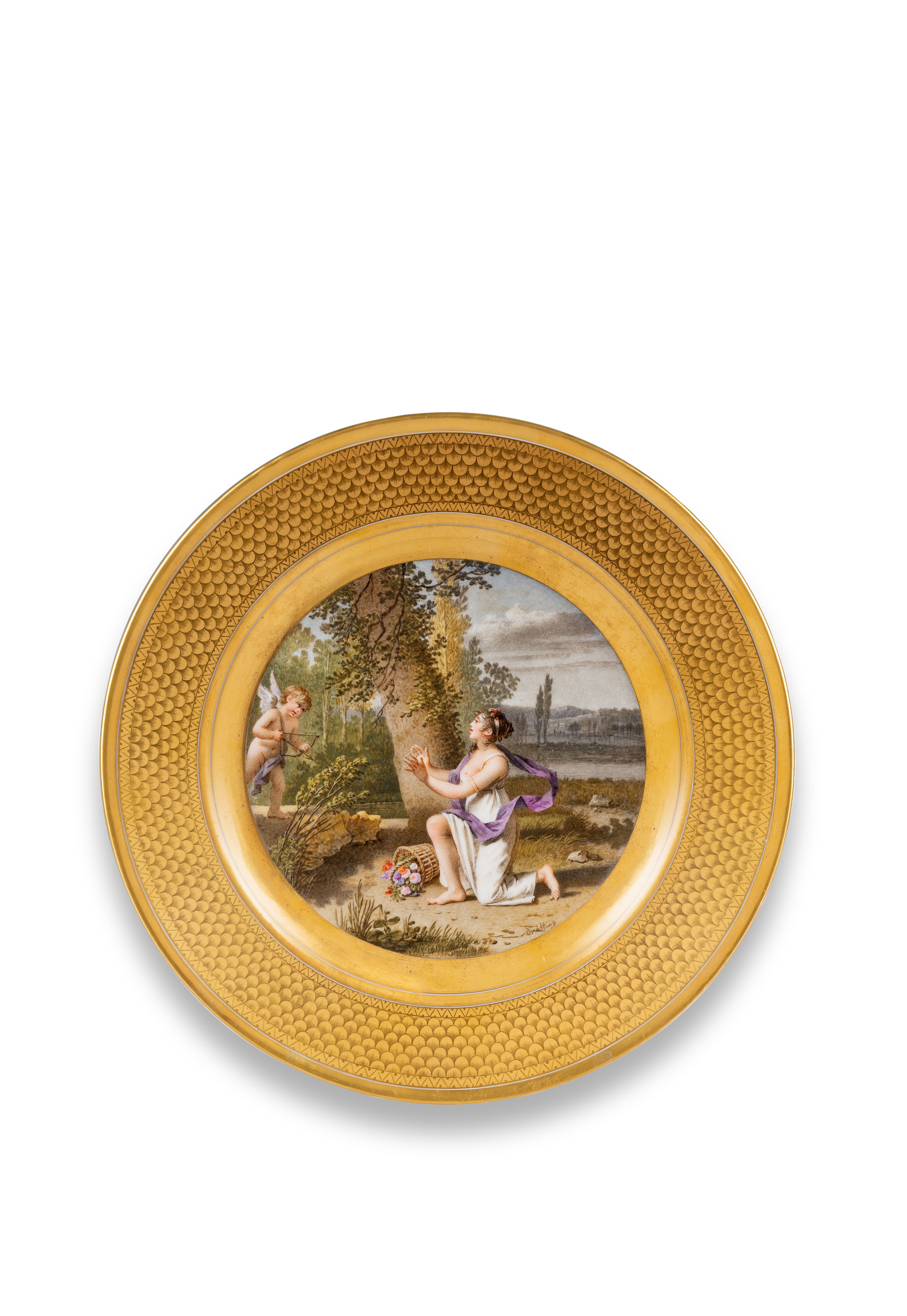 A S&#232;vres gold-ground plate with classical figures painted by Drolling, circa 1804-1805