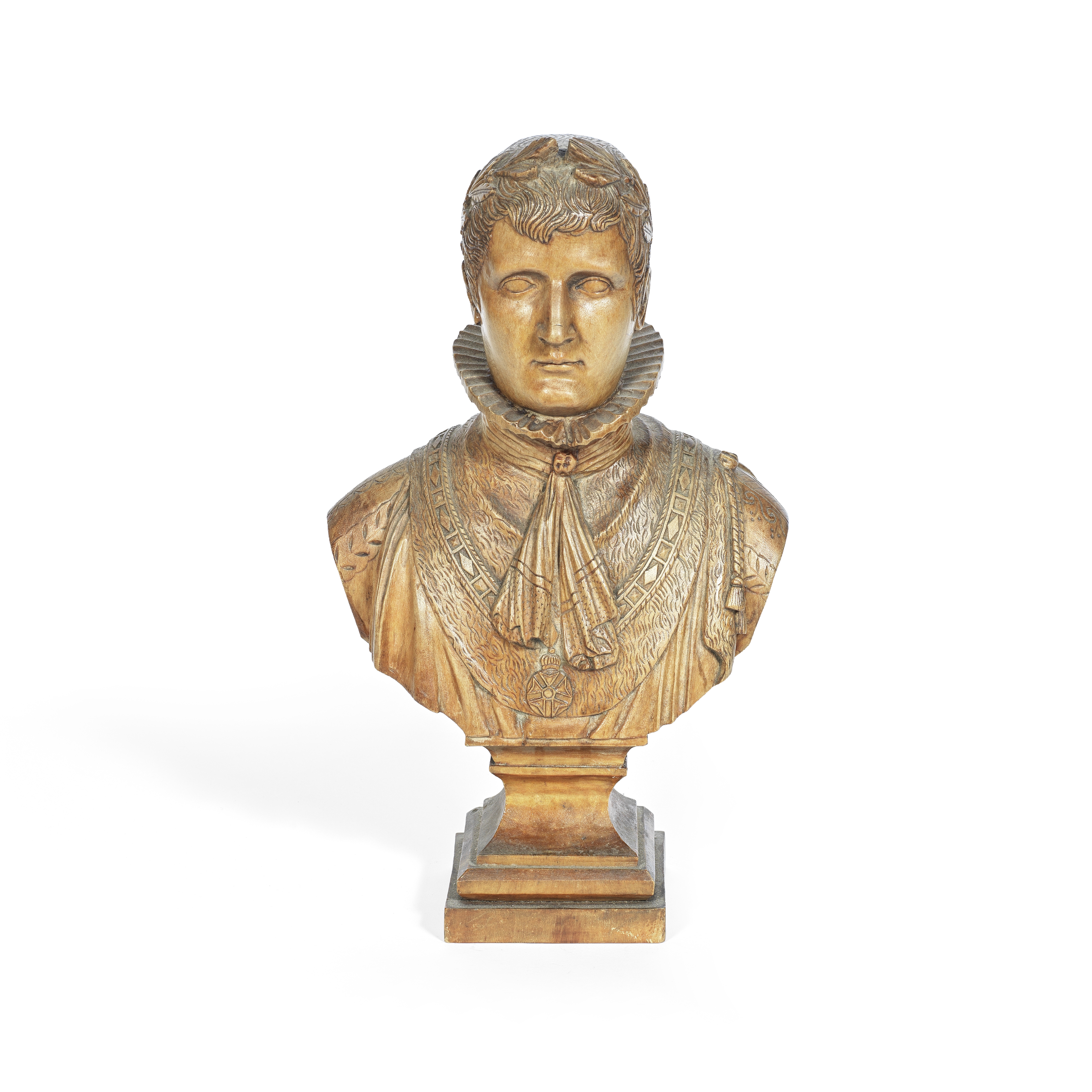 A mid 19th century carved and polished fruitwood bust of Napoleon depicted as Emperor, Signed Pou...
