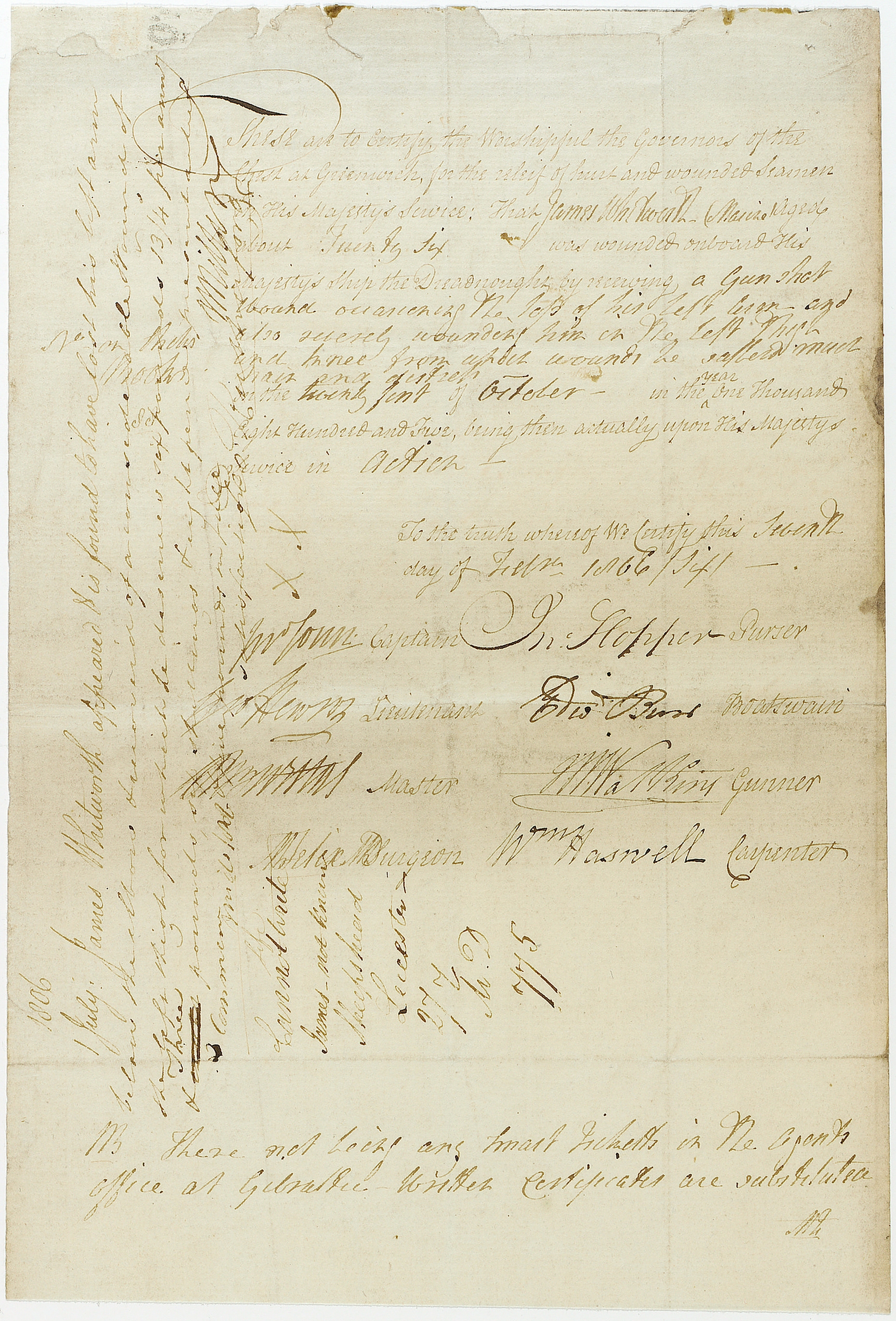 NELSON'S NAVY &#8211; WOUND CERTIFICATES Manuscript wound certificate, signed by Captain John Con...