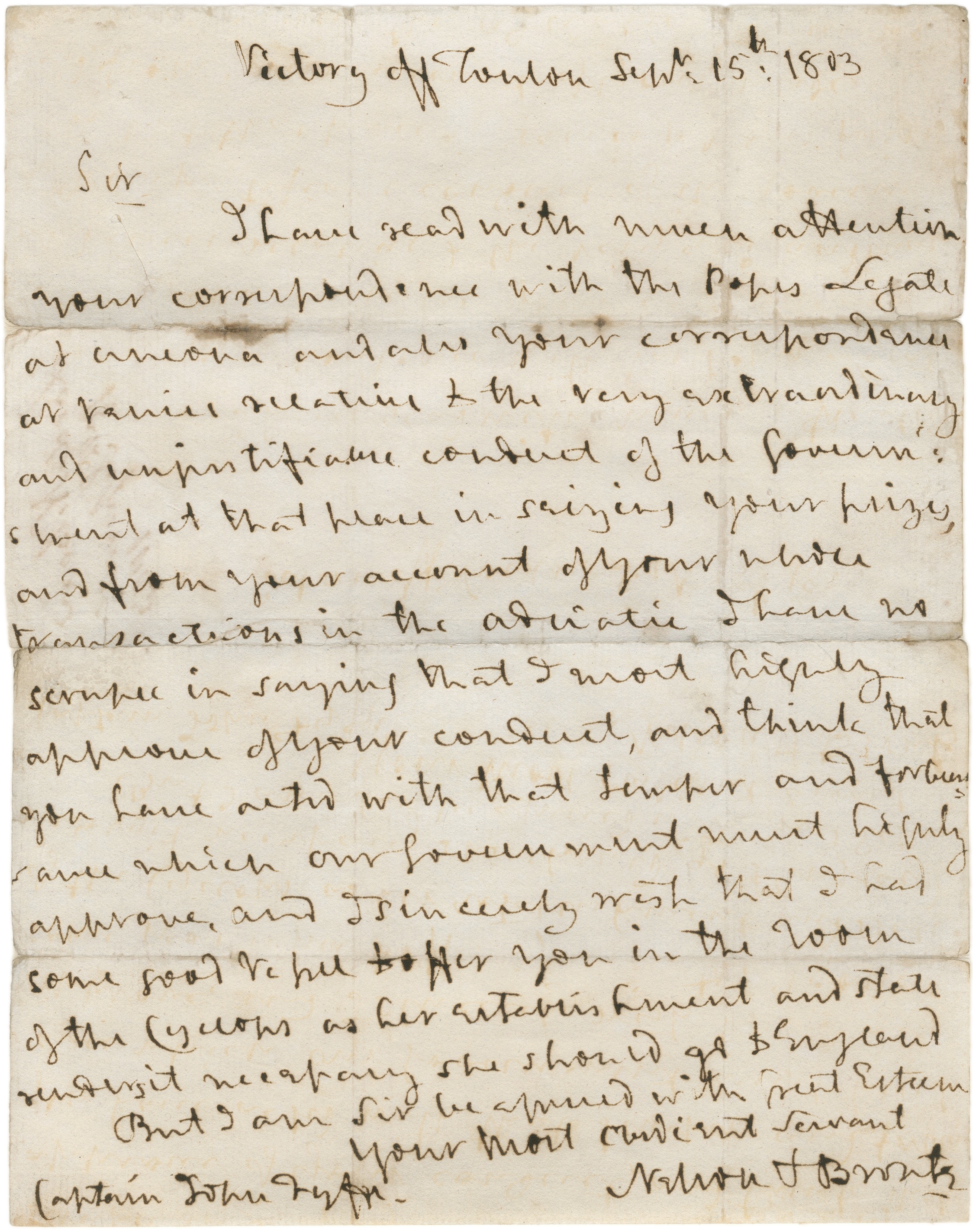 NELSON (HORATIO) Autograph letter signed ('Nelson & Bronte') to Captain John Fyffe, approving of...