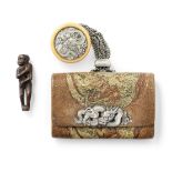 A tabako-ire (tobacco pouch) with kagamibuta netsuke and a wood netsuke The netsuke attributed to...