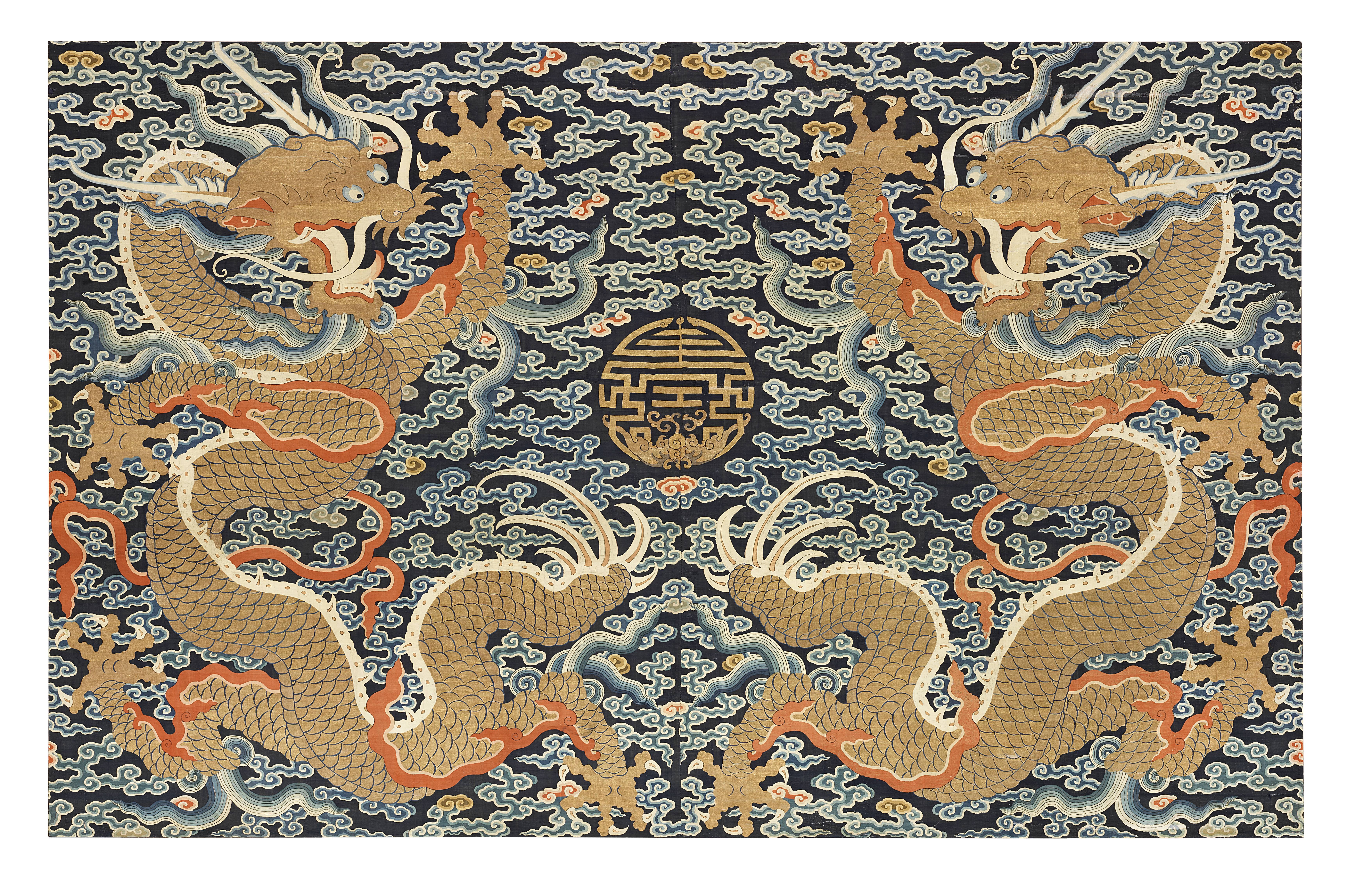 AN EXCEPTIONALLY LARGE IMPERIAL SILK KESI 'DOUBLE-DRAGON' WALL HANGING Qianlong 307cm (120 1/2in)...