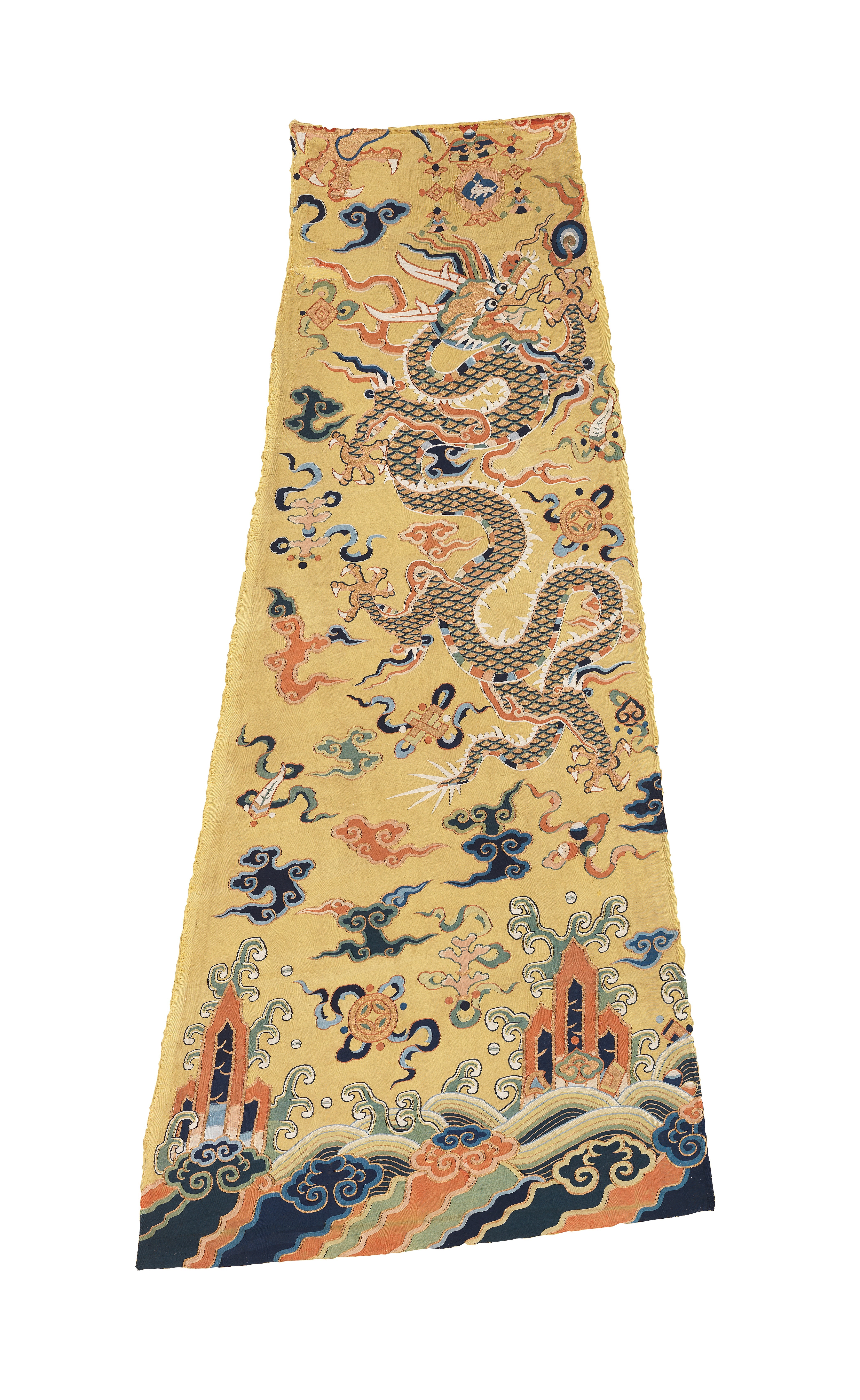 A RARE YELLOW-GROUND SILK KESI ROBE 'DRAGON' PANEL Wanli 122cm (48in) long x 61cm (24in) wide.