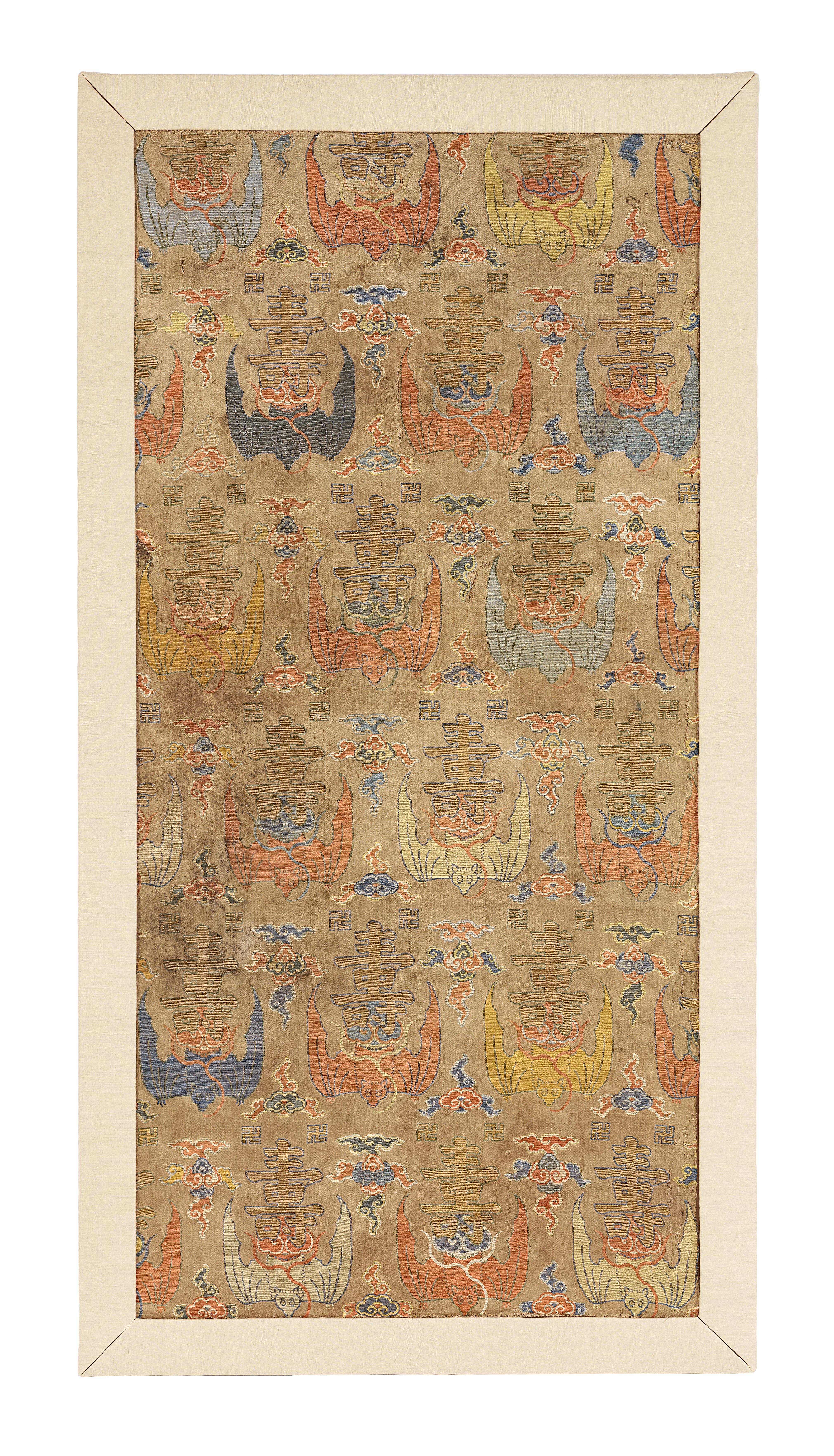 AN IMPERIAL CHESTNUT-GROUND SILK 'BATS AND SHOU SYMBOLS' BROCADE PANEL Wanli 110cm (43 2/8in) hig...