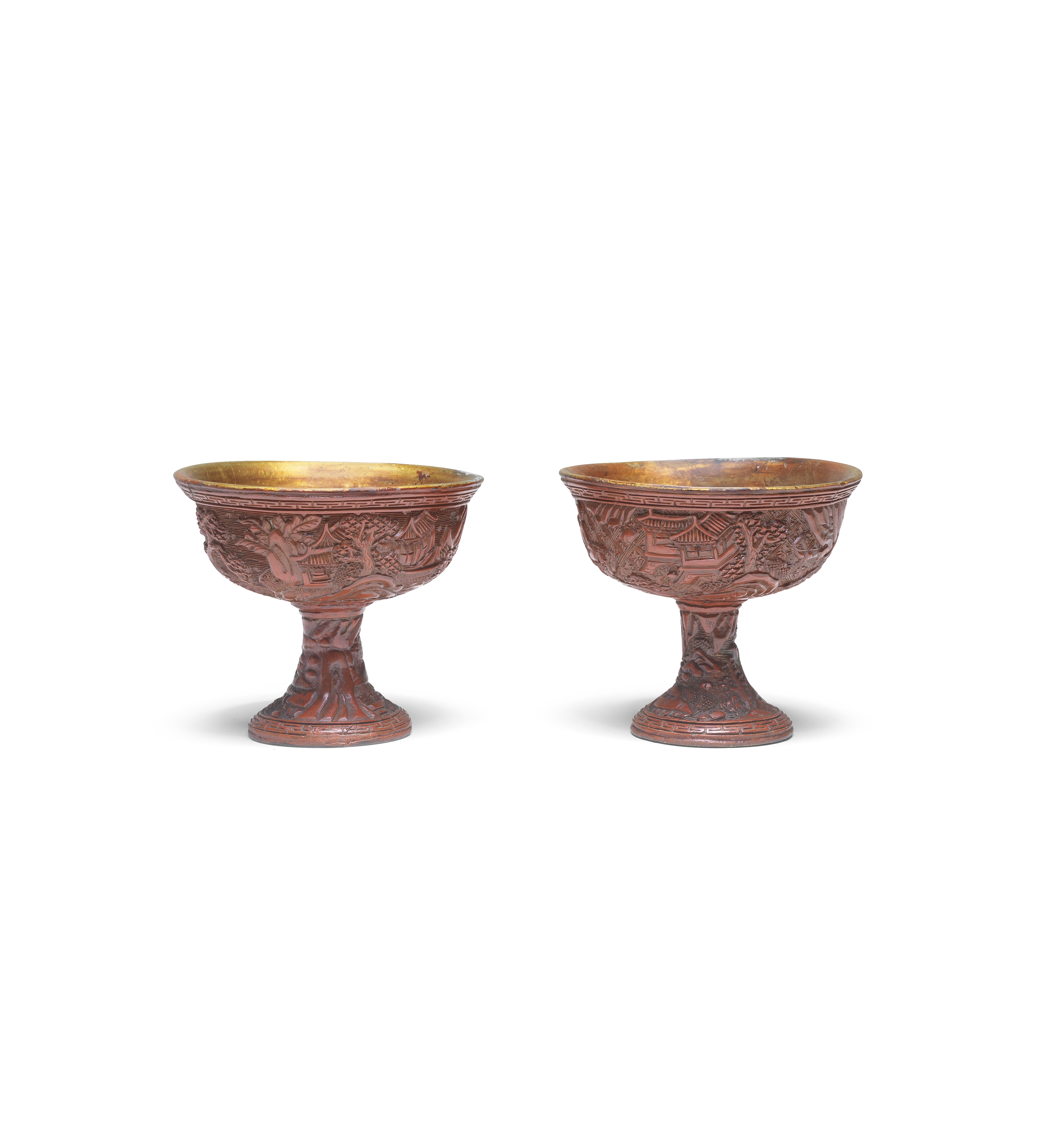 A PAIR OF CINNABAR LACQUER CARVED STEM CUPS 16th century (2)