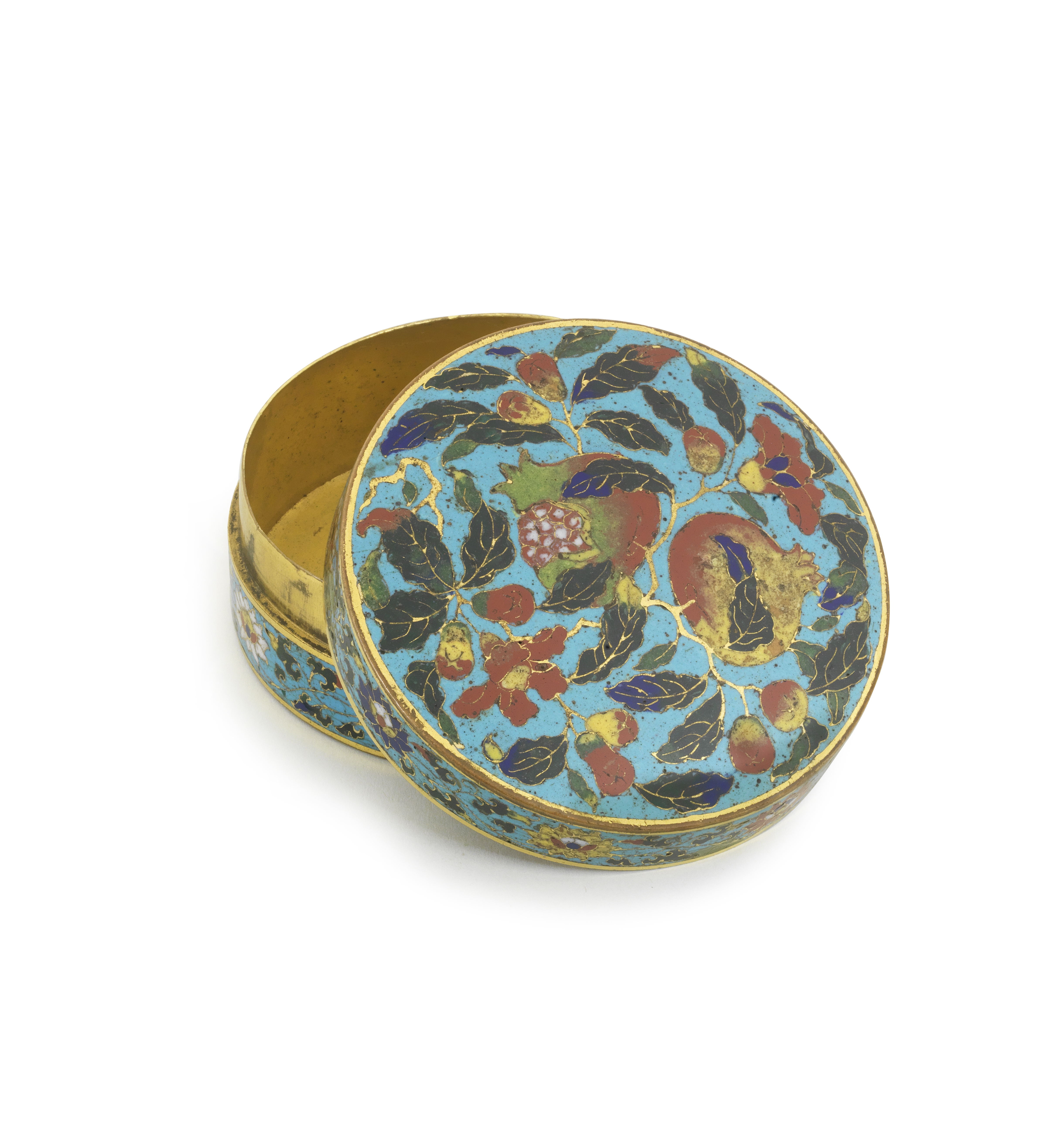 AN EXTREMELY RARE AND IMPORTANT CLOISONN&#201; ENAMEL 'POMEGRANATES' CIRCULAR BOX AND COVER Incis...