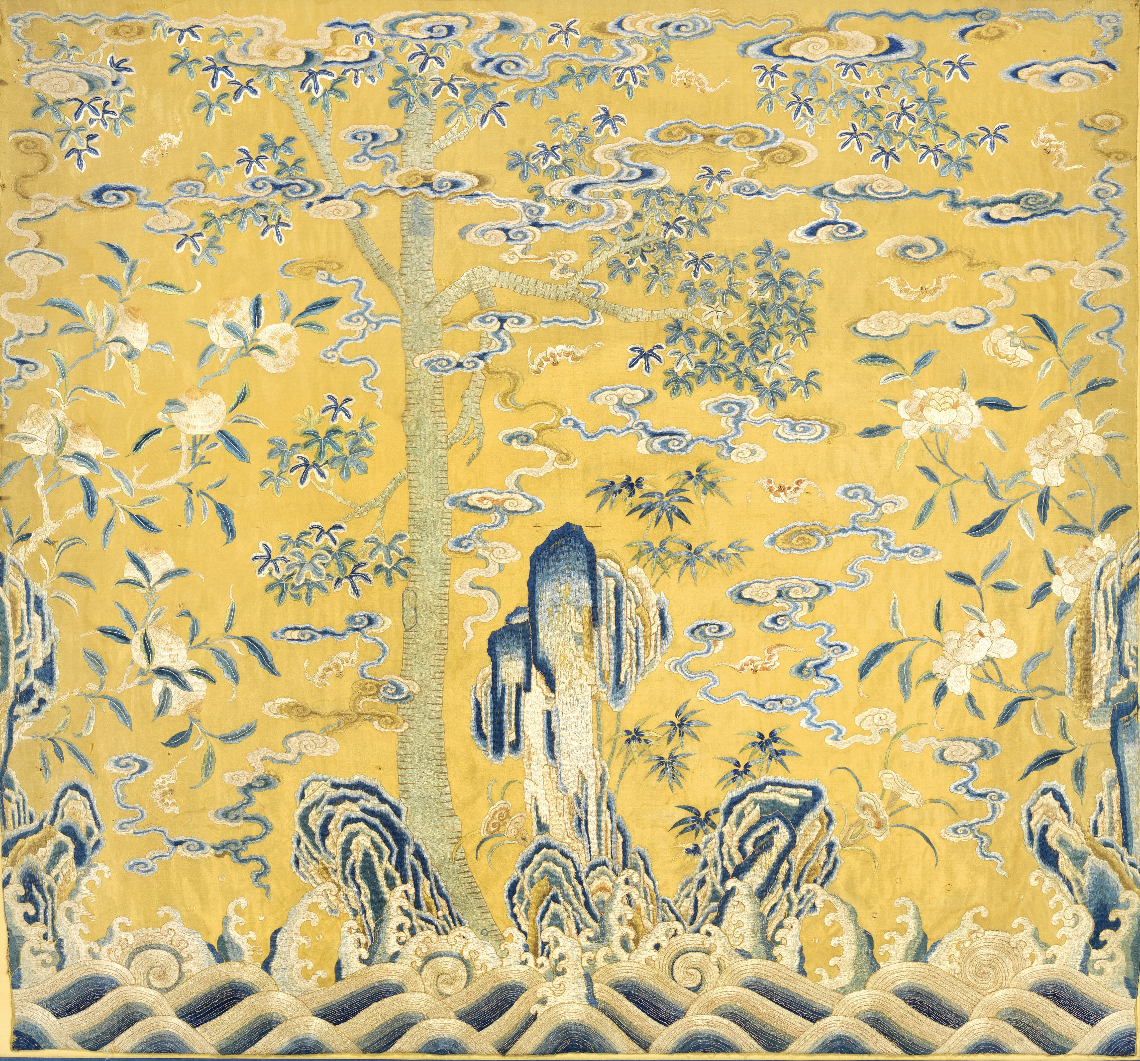 A RARE IMPERIAL YELLOW-GROUND SILK EMBROIDERED THRONE-CUSHION COVER Qianlong 128.7cm (50 1/2in) w...