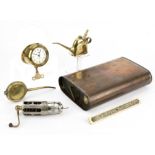 A brass 8-day car clock and other early motoring accessories, ((6))