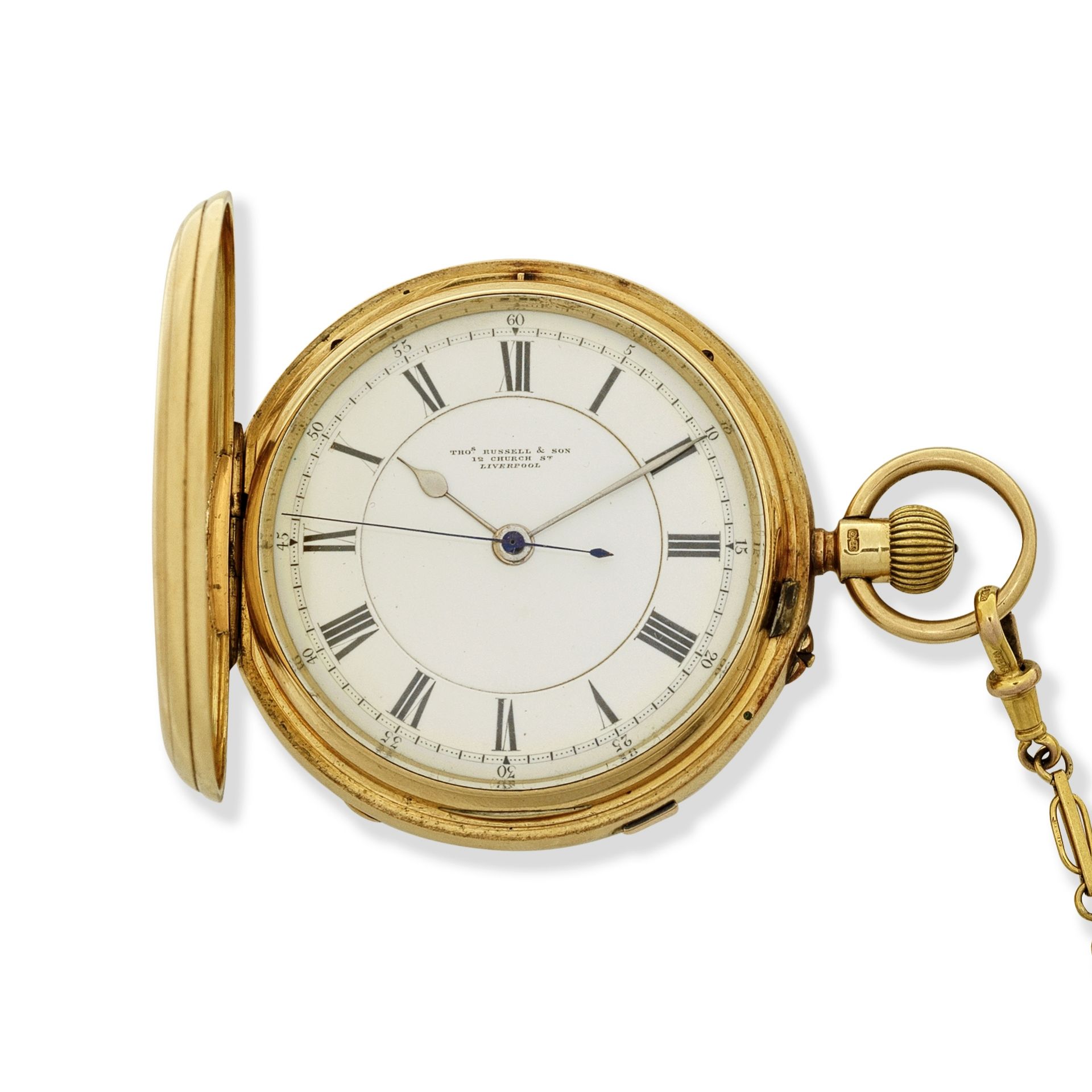 Thomas Russell & Son. An 18K gold keyless wind full hunter pocket watch Chester Hallmark for 1902