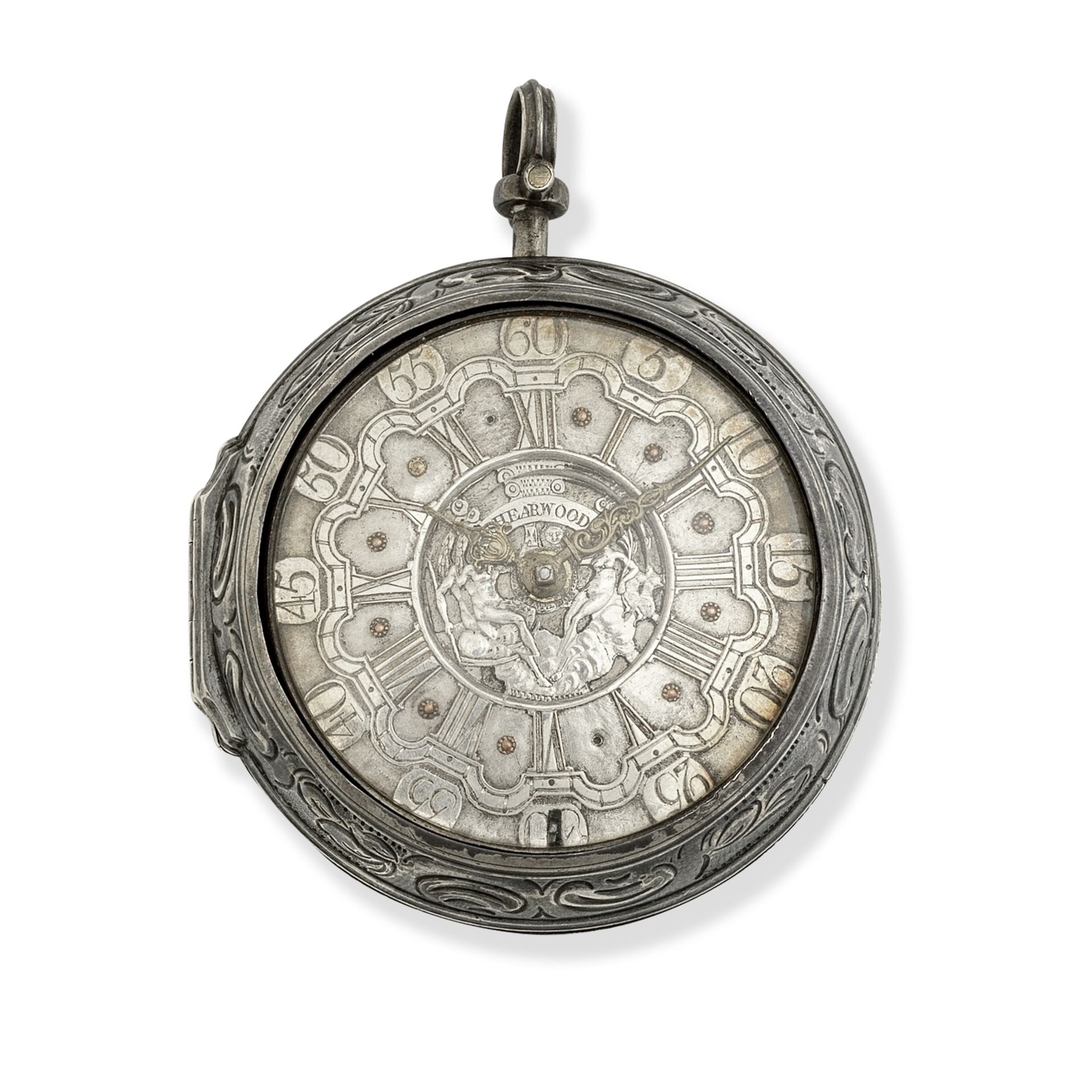 James Shearwood, London. A silver key wind pair case pocket watch with repousse decoration being ...