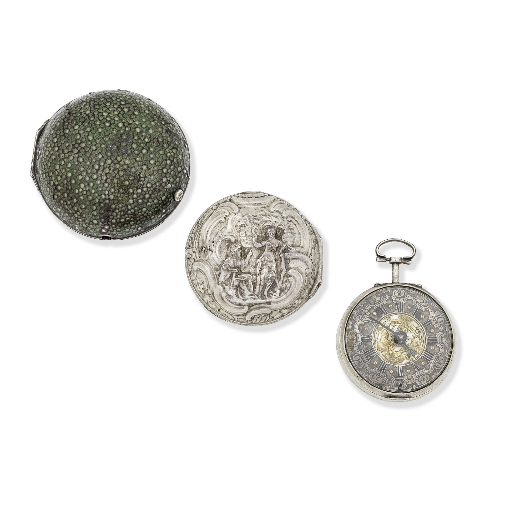 J. Shearwood, London. A silver triple case key wind pocket watch with shagreen case Circa 1760