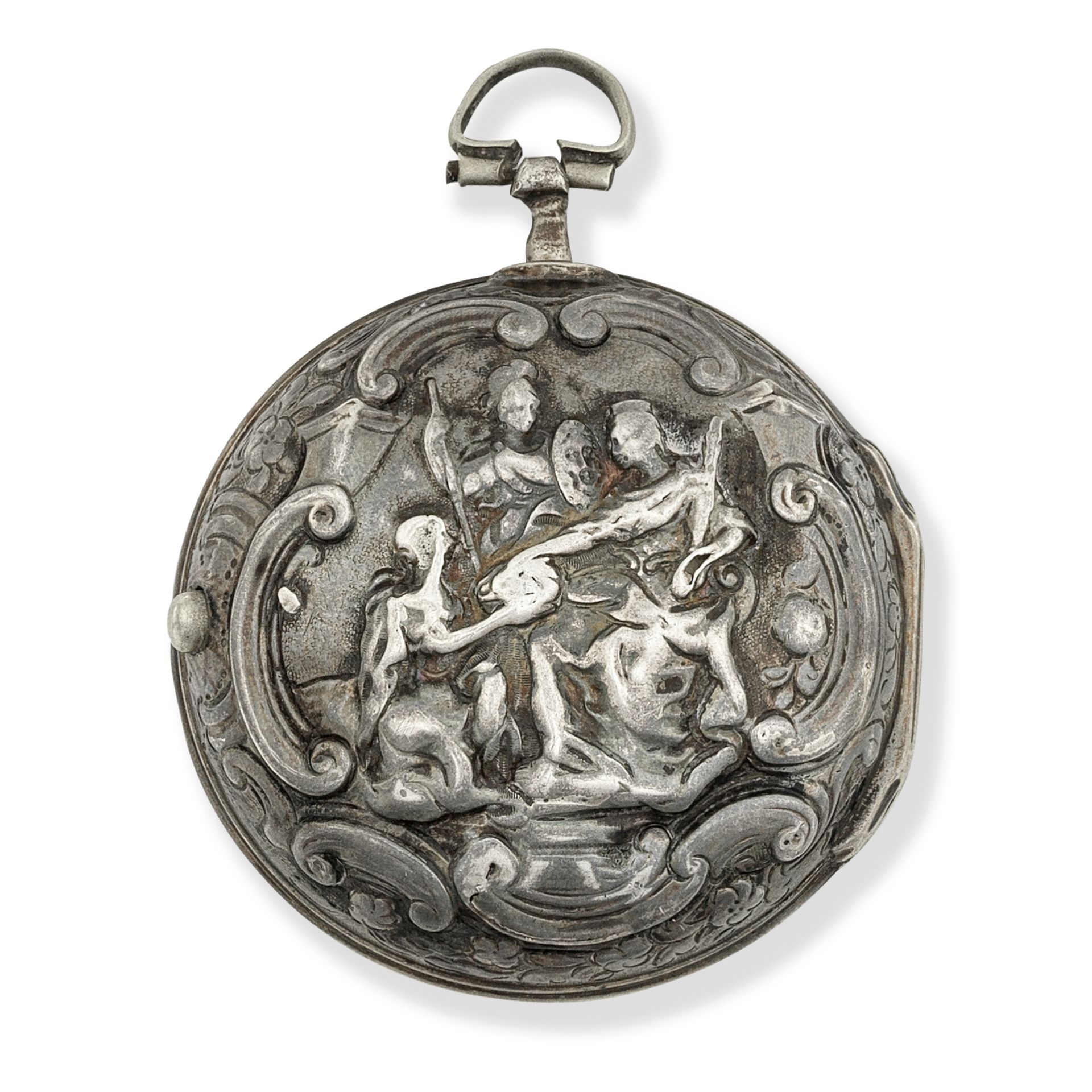 J Miller. A silver key wind pair case pocket watch with repouss&#233; decoration London Hallmar...