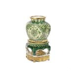 A gilt bronze mounted Chinese pale yellow ground famille verte porcelain incense burner on stand ...