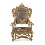 A large Italian third quarter 18th century giltwood armchair or throne chair of Venetian origin