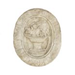 An Italian carved white marble oval relief depicting the head of St John the Baptist probably lat...