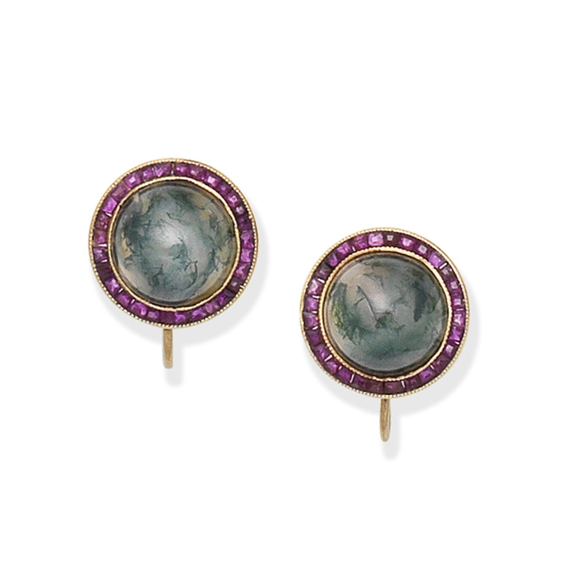 MOSS AGATE AND RUBY EARCLIPS