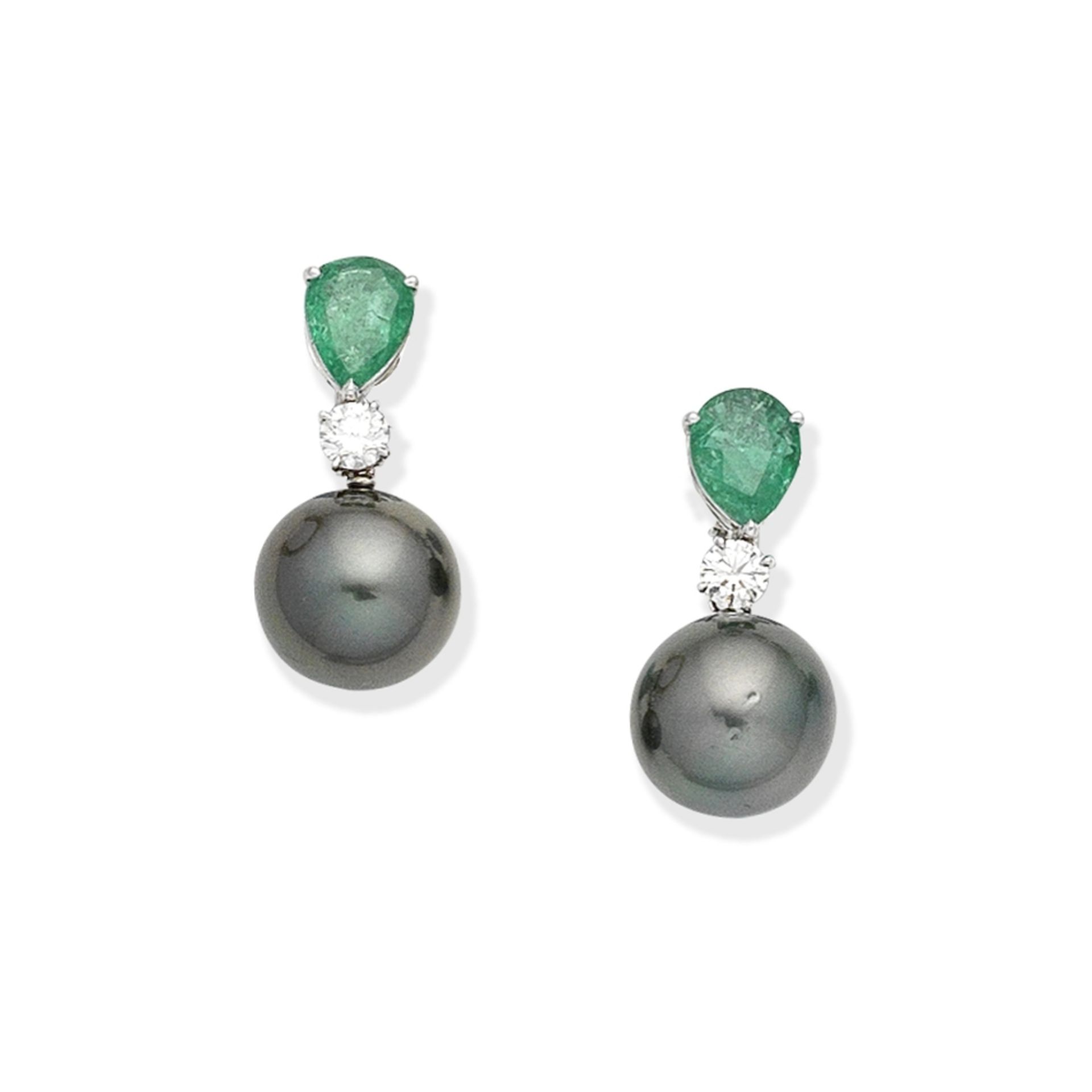 EMERALD, DIAMOND AND CULTURED PEARL PENDENT EARRINGS