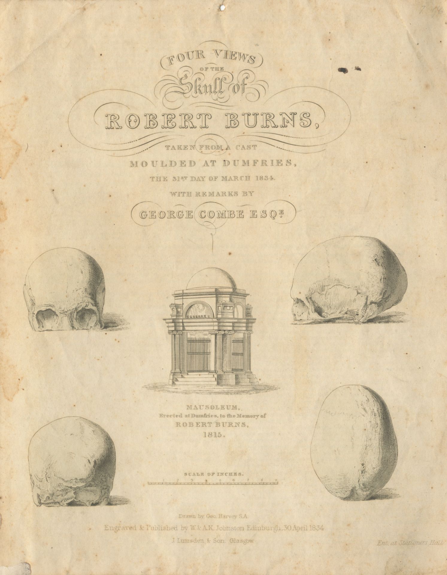 BURNS (ROBERT) COMBE (GEORGE) Four Views of the Skull of Robert Burns, Taken from a Cast Moulded ...