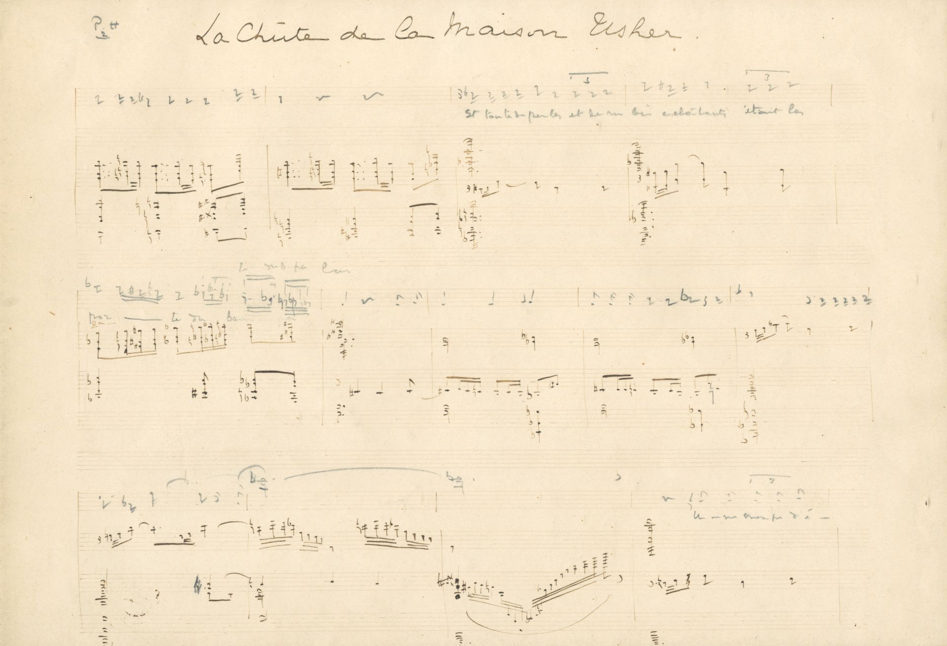 MUSIC - CLAUDE DEBUSSY Autograph sketch-leaf for his unfinished opera 'La chute de la maison Ushe...