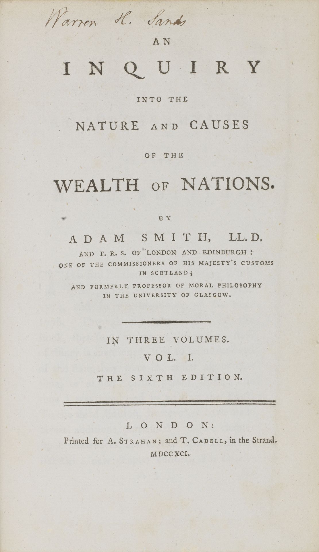 SMITH (ADAM) The Wealth of Nations, 3 vol., A. Strahan, and T. Cadell, 1791