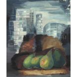 Alexandra Exter (Russian, 1884-1949) Still life of pears with a city landscape 45.7 x 38.2cm (18 ...