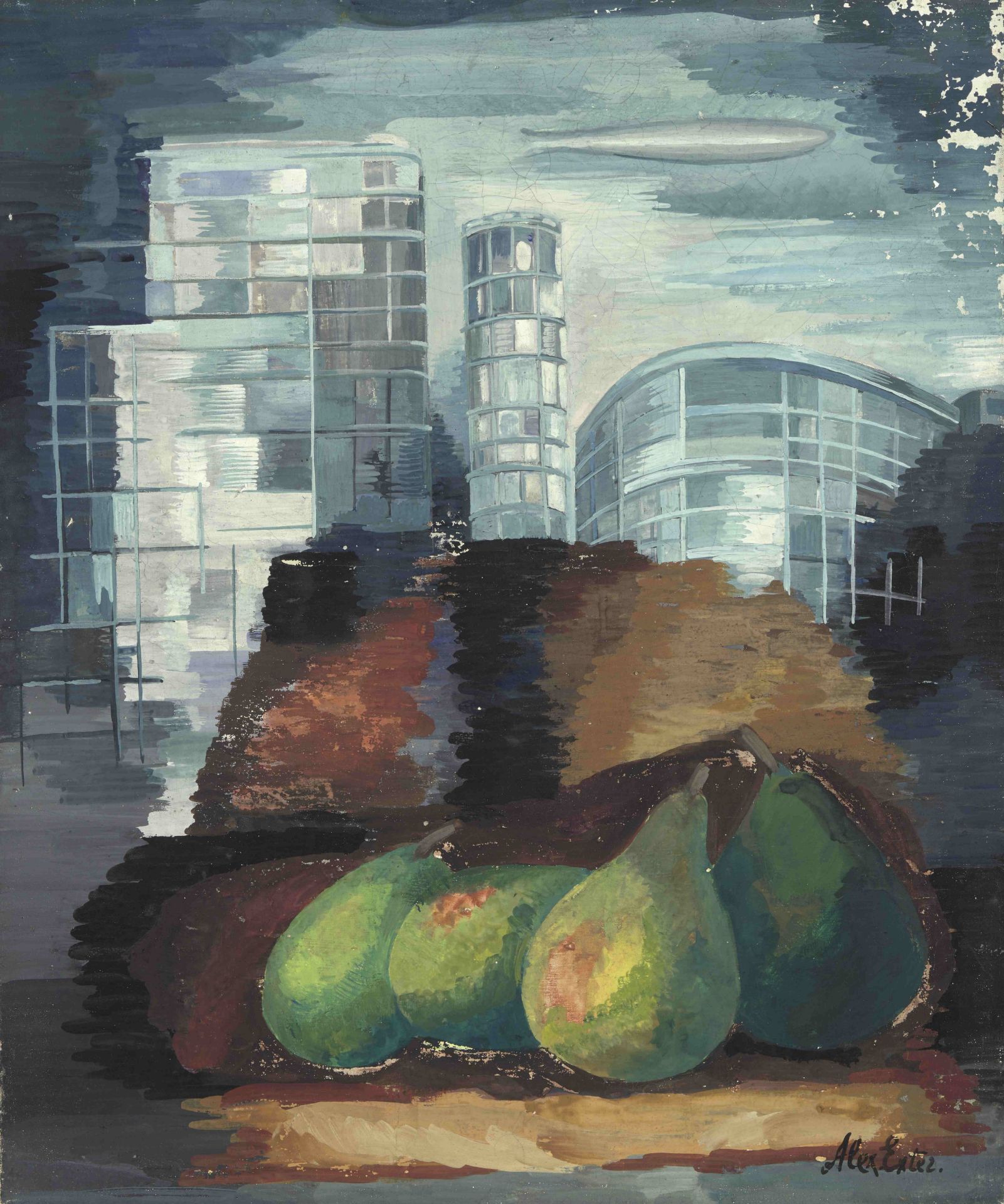 Alexandra Exter (Russian, 1884-1949) Still life of pears with a city landscape 45.7 x 38.2cm (18 ...