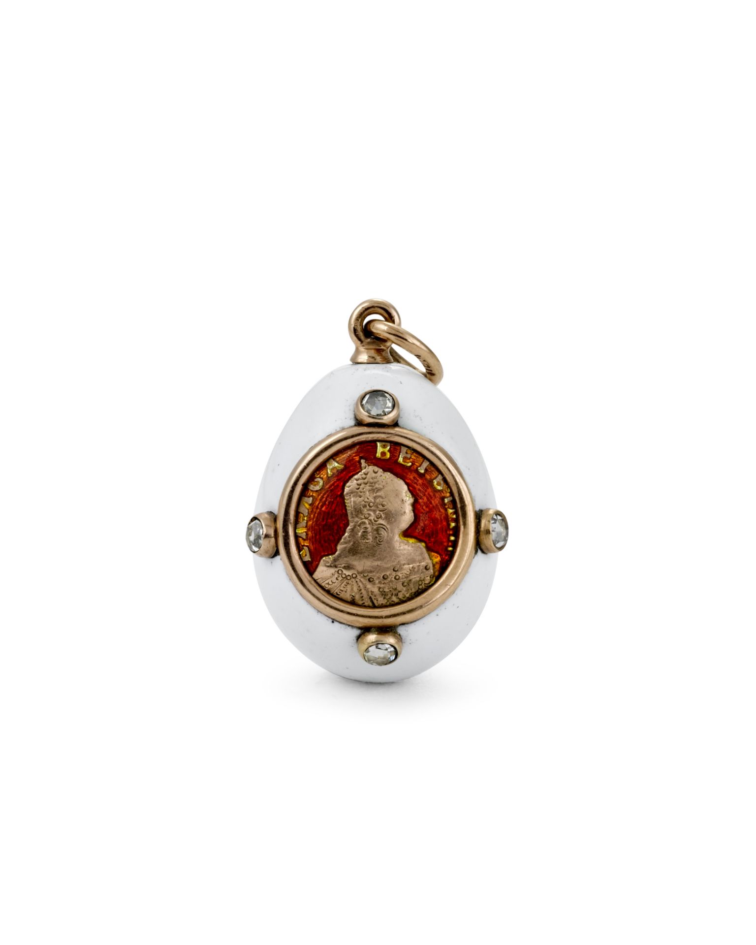 A jewelled gold and enamel miniature egg pendantFaberg&#233;, workmaster Mikhail Perkhin, St. Pet...