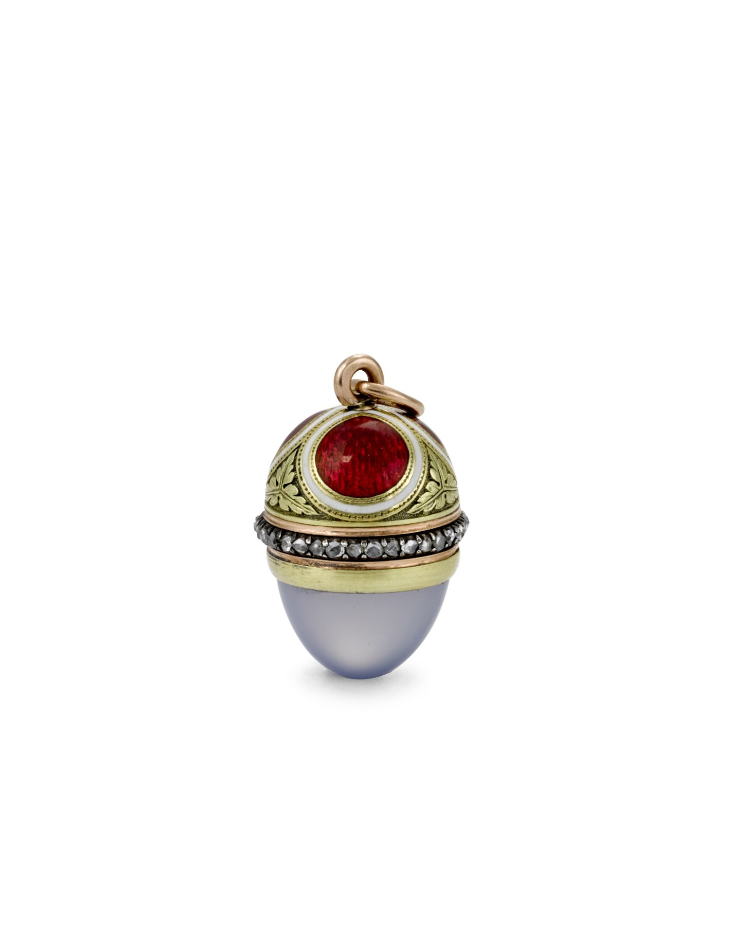 A varicoloured gold, enamel and carved chalcedony vinaigrette egg pendantFaberg&#233;, workmaster...