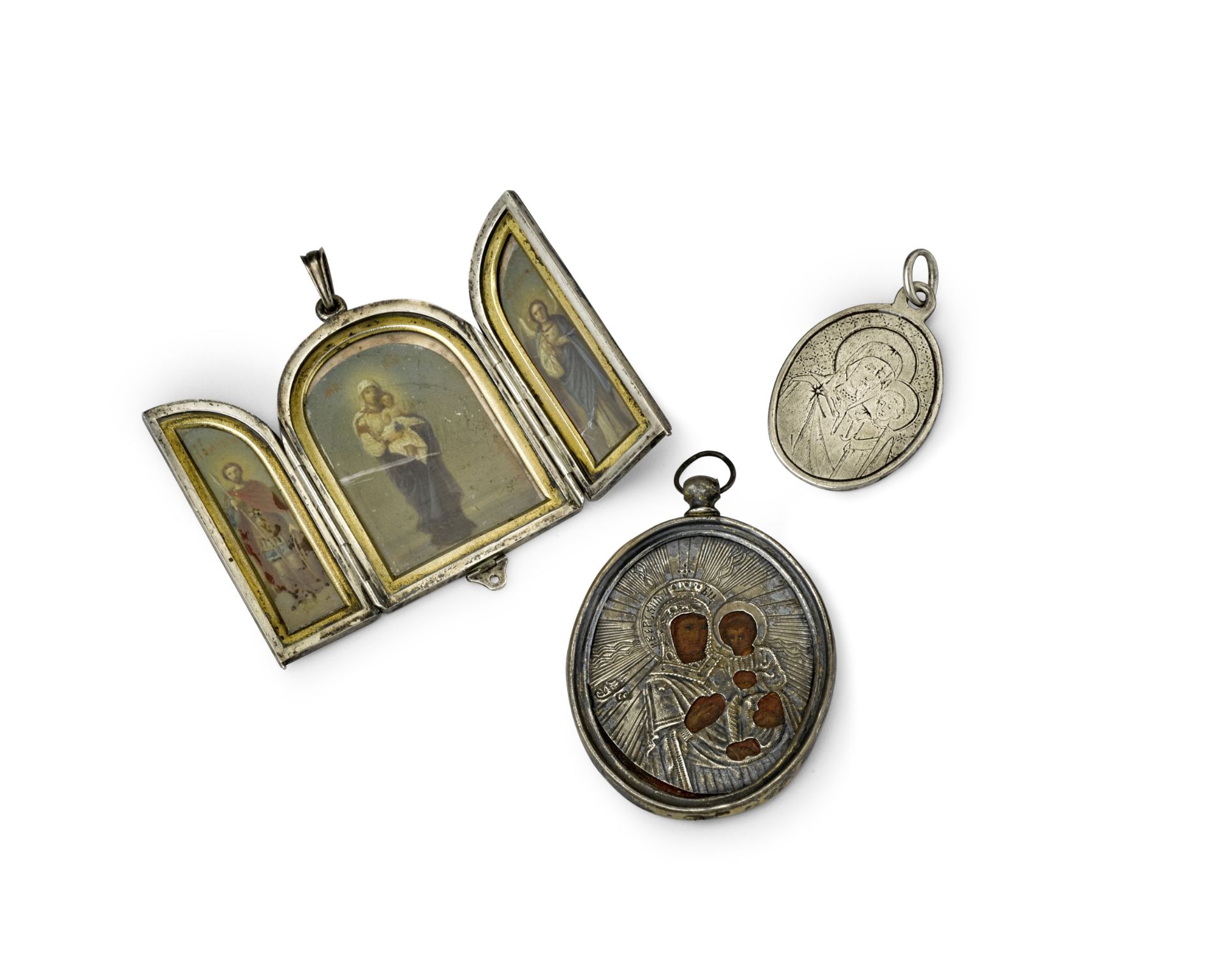 A group of three miniature icon pendants from Dubasov-Timachev-Sheremet'ev familiestriptych: St. ...