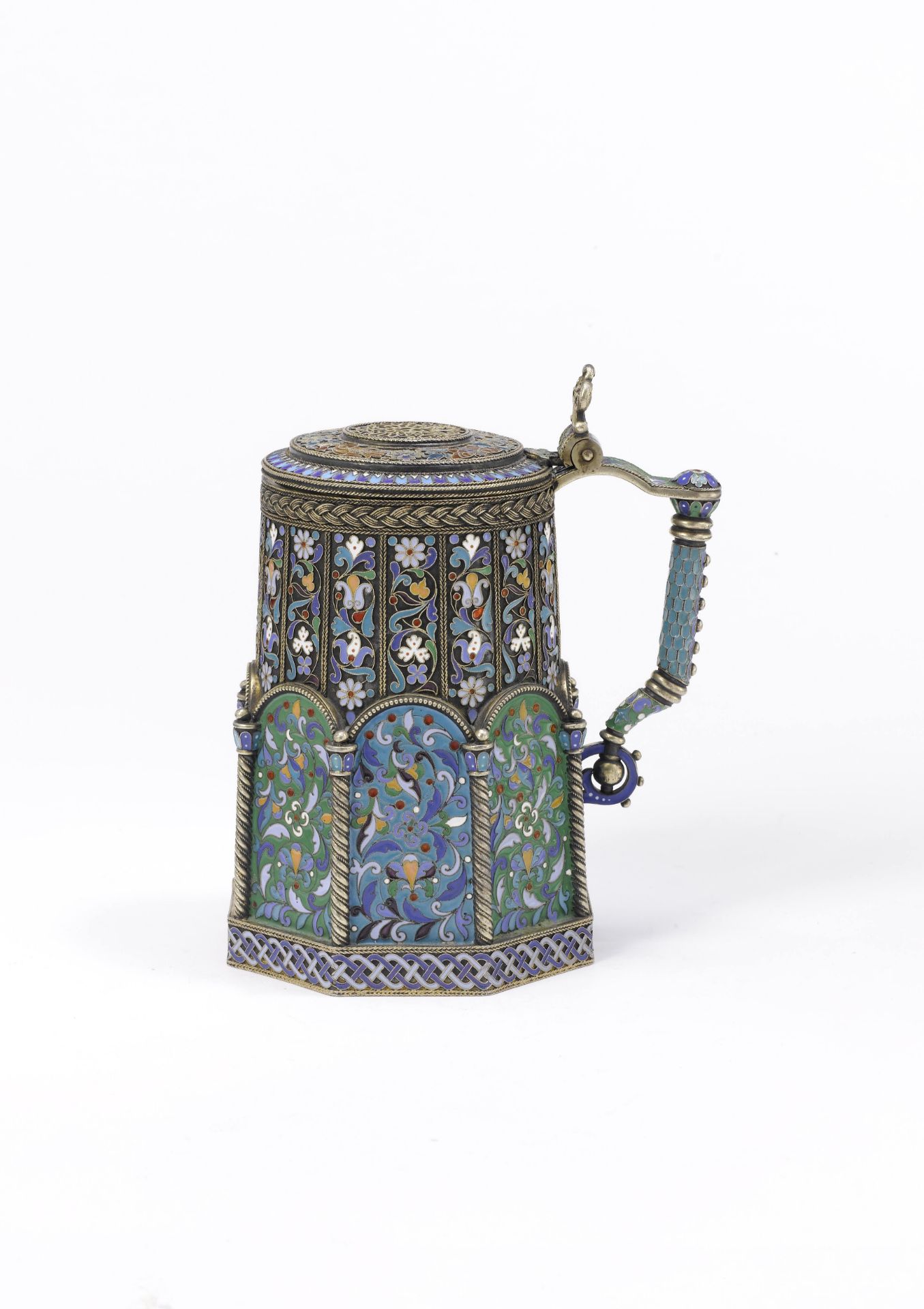 A SILVER-GILT AND PLIQUE-&#192;-JOUR ENAMEL IMPERIAL PRESENTATION TANKARDPavel Ovchinnikov with I...