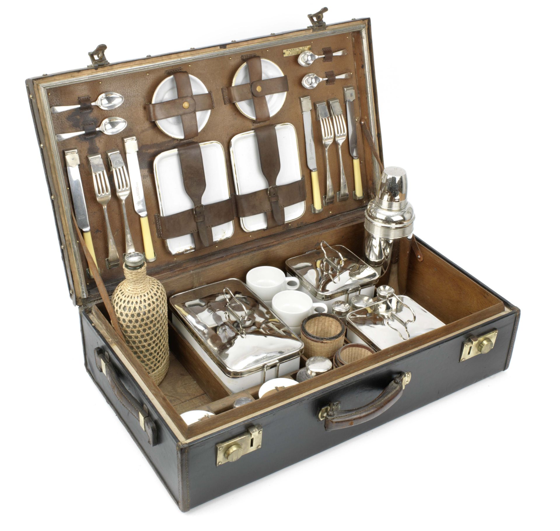 A cased picnic set for four persons, retailed by Harrods, circa 1905,