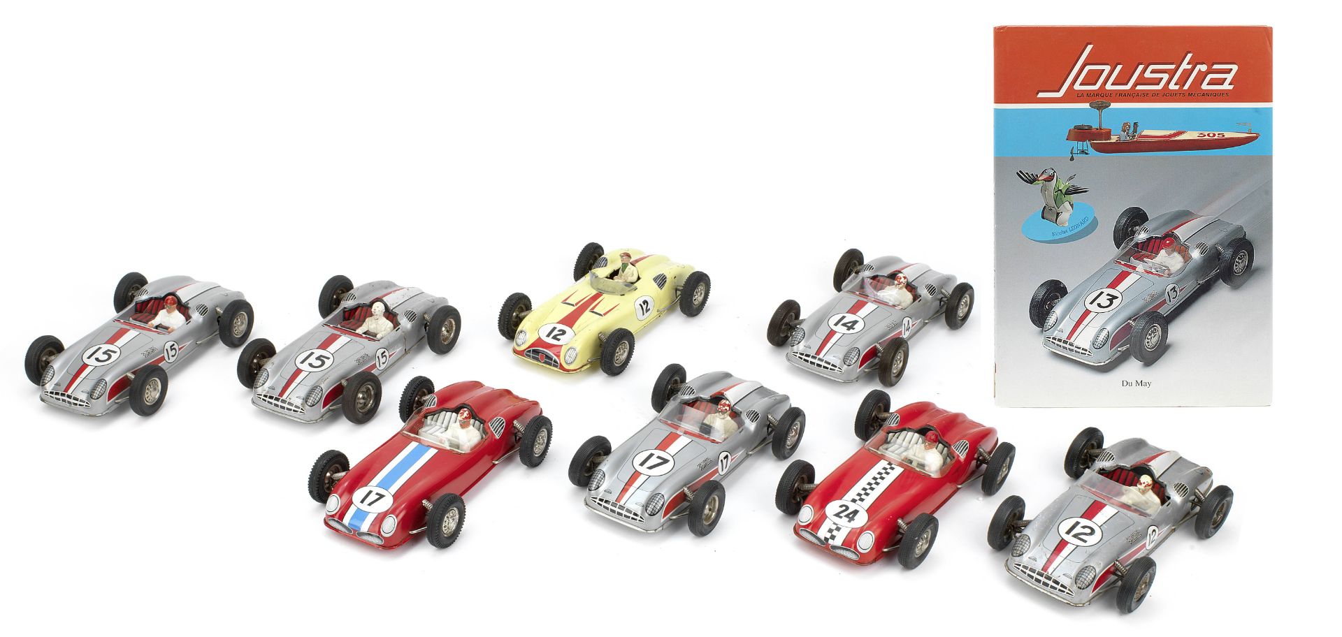 Eight friction-powered tinplate clockwork race-car toys by Joustra of France, 1960s, ((10))
