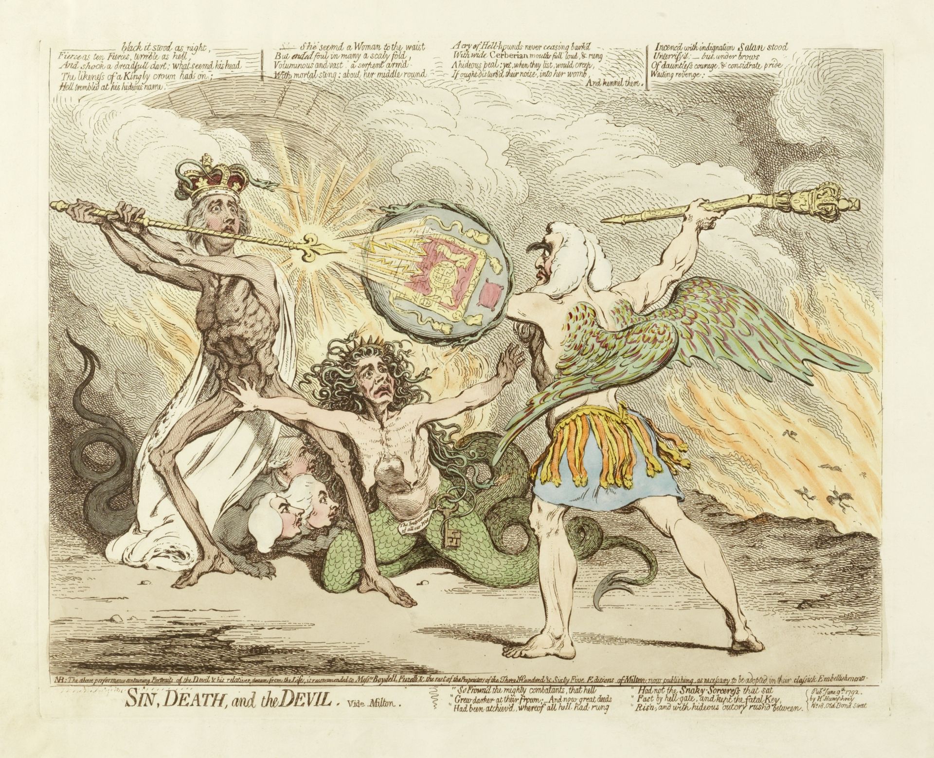 James Gillray (British, 1756-1815) Sin, Death, and the Devil. Vide Milton Etching with hand-colou...