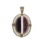 BANDED AGATE, PEARL AND ENAMEL PENDANT, CIRCA 1860