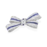 SYNTHETIC SAPPHIRE AND DIAMOND BOW BROOCH, CIRCA 1935