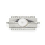 BROOKING: ART MODERNE NATURAL PEARL AND DIAMOND BROOCH,