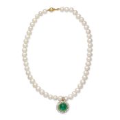 EMERALD AND DIAMOND CULTURED PEARL NECKLACE