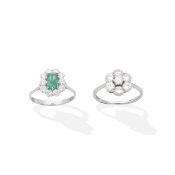 EMERALD AND DIAMOND RING; DIAMOND CLUSTER RING (2)
