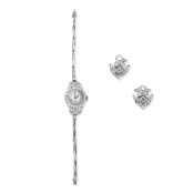 DIAMOND-SET COCKTAIL WATCH AND EARCLIPS, (2)